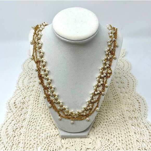 Vintage-Inspired Multi-Strand Gold & Pearl Necklace 38" Total Length - Picture 1 of 12